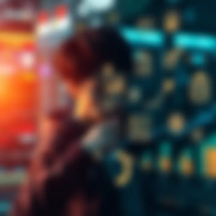 Analysis of 0.5 relevance in society A person looking at financial charts and everyday decisions represented through icons