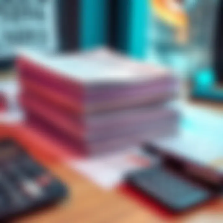 A stack of 1099 tax forms on a desk with a pen and calculator, indicating tax preparation season.