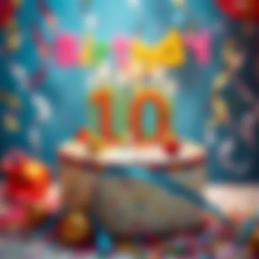 A colorful cake with candles representing a 10th birthday celebration surrounded by festive decorations and confetti.