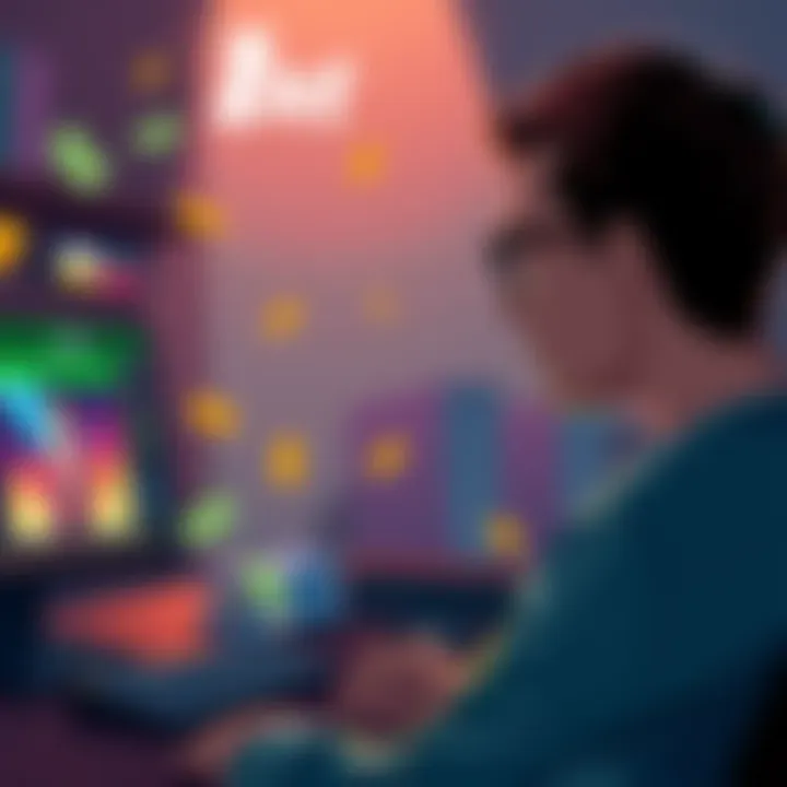 An illustration showing a person contemplating online gambling with money symbols and a computer screen displaying a betting interface.