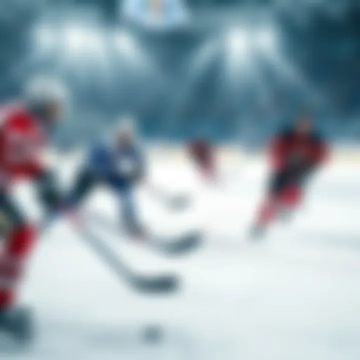 Players on ice in a hockey game, showcasing intense action and teamwork during an exciting match in 2026.