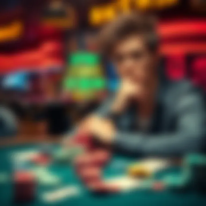 A young man sits thoughtfully at a casino table, surrounded by chips and cards, showing signs of contemplation and struggle with gambling addiction.