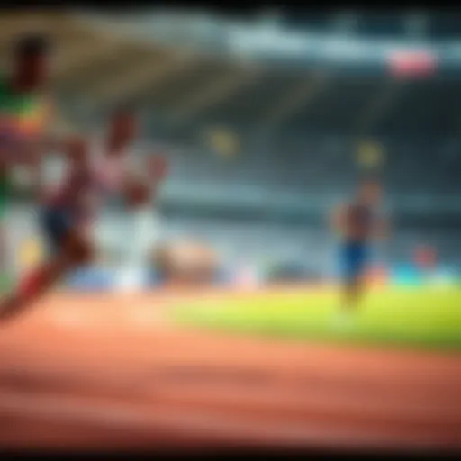 Athletes competing in the 400m sprint race at the Grand Slam event, with Jereem Richards and Steven Gardiner leading the pack.
