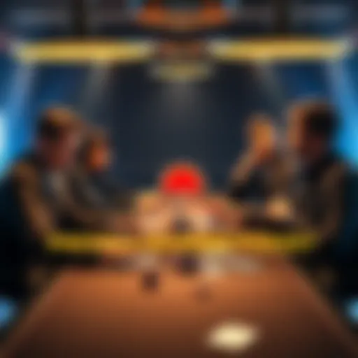 A group of four players engaged in a serious game of poker, focused on their cards and chips at the table, with poker chips and cards visible.