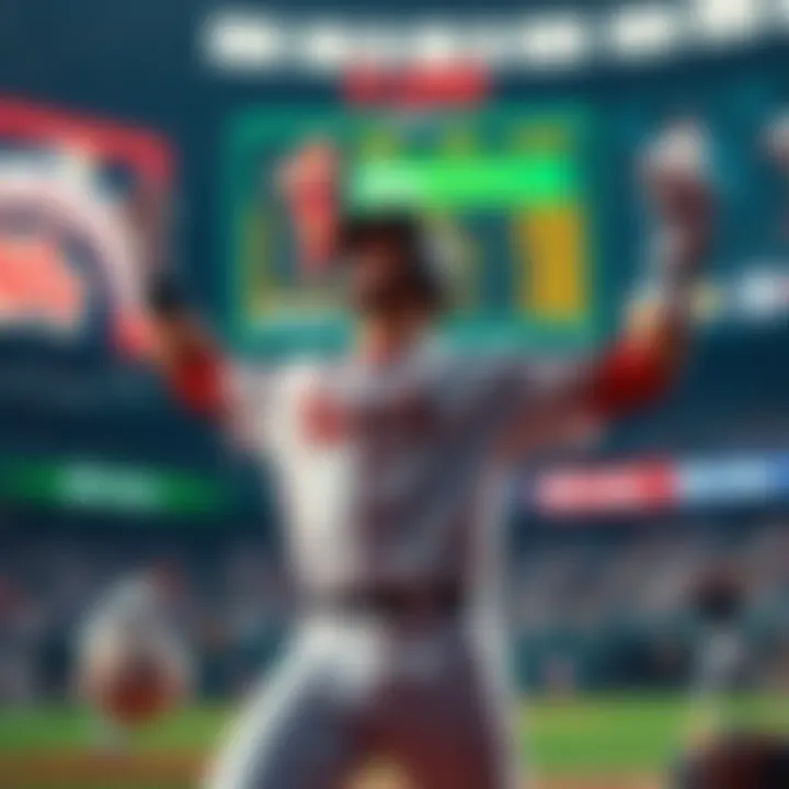 A baseball player celebrating after winning a 5-leg parlay bet, surrounded by baseball gear and a scoreboard displaying home run highlights.