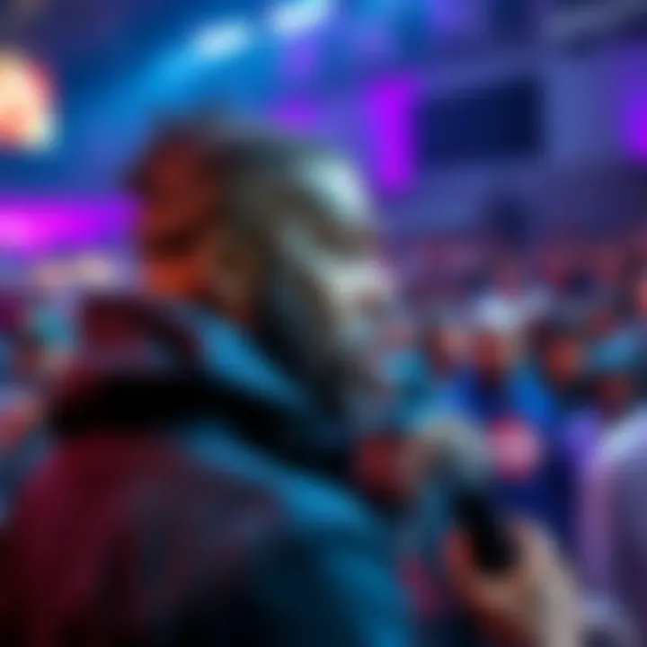 50 Cent speaking at a music industry event in 2026, with a crowd in the background