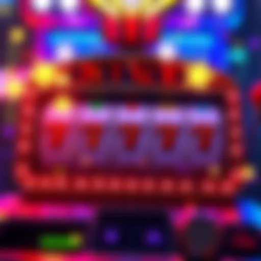 Illustration of a slot machine displaying 5 scatter symbols with bright colors and winning lights