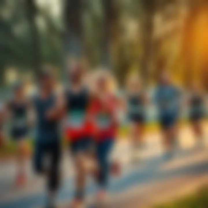 5K Club Members Training A group of enthusiastic runners from the 5K Club training for a 10K race, showing determination and teamwork.