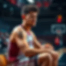 Basketball player Aaron sitting on the bench looking frustrated after not scoring in the first half