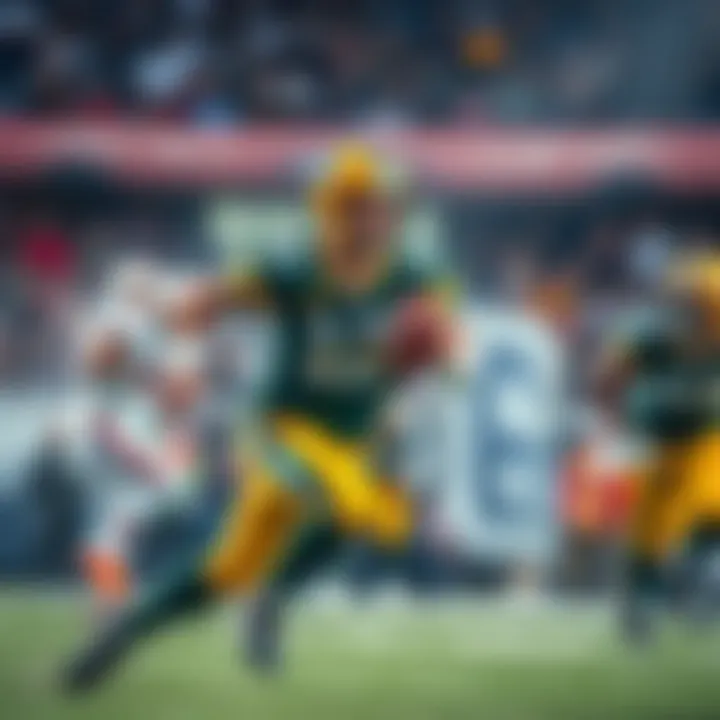 Aaron Rodgers running on the field with the football, focused on gaining rush yards during a game