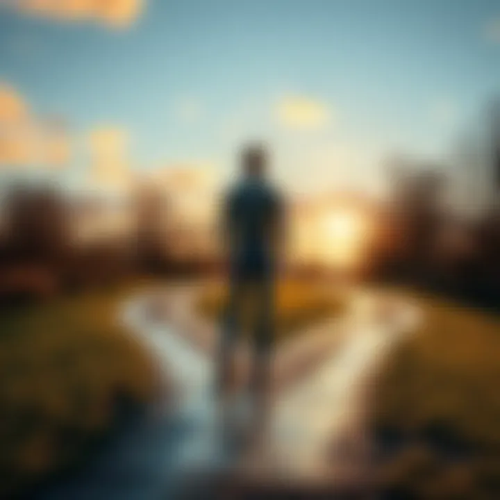 Acceptance Concept A person standing at a crossroads, looking at two different paths, symbolizing decisions and acceptance in life.