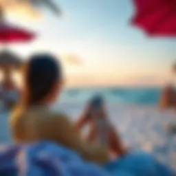 A person using a smartphone to check their online account while sitting at a beach in Mexico.