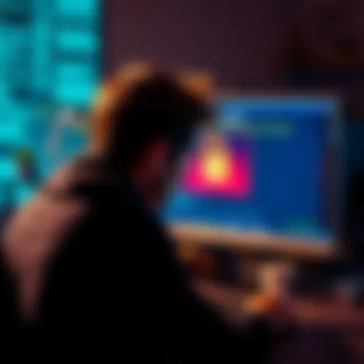 A frustrated person sitting in front of a computer, looking at a locked account screen with a warning message