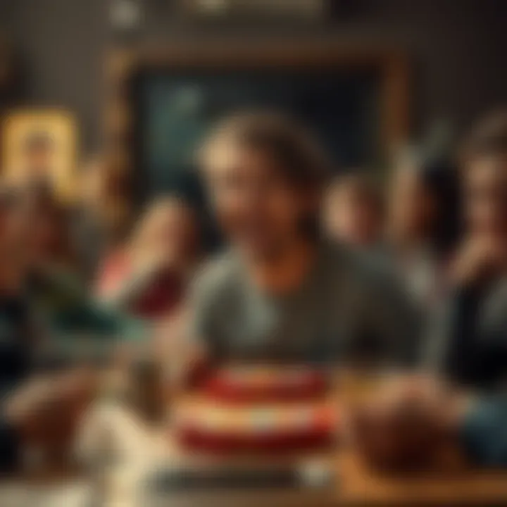 Ace Bailey with a joyful expression, celebrating a successful game night with friends around a table, playing board games and having fun.