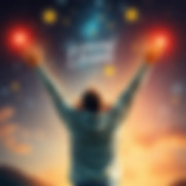 A person celebrating success with arms raised, surrounded by stars and a bright sky, symbolizing dreams coming true.