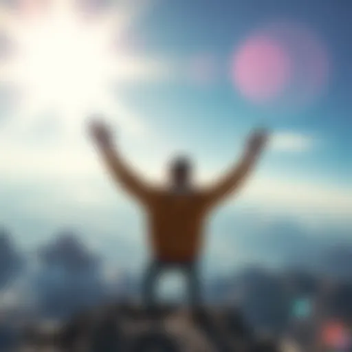 A person celebrating with arms raised in triumph on a mountain peak under a bright sky