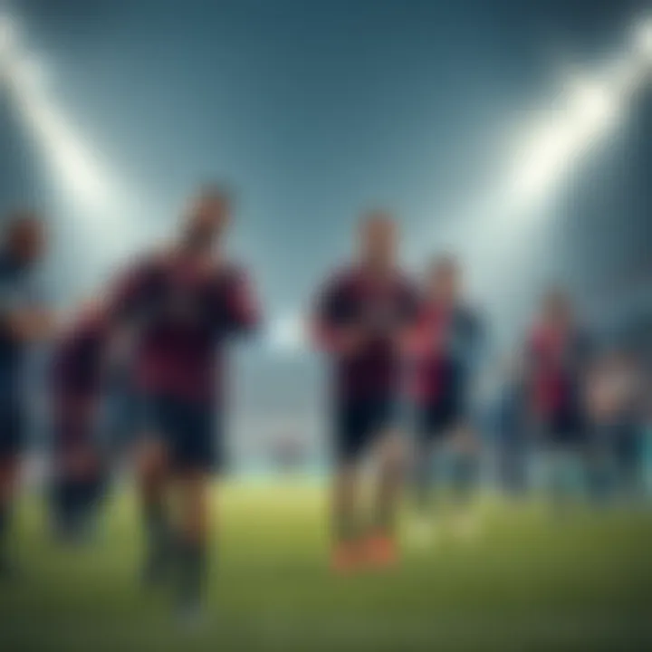 AC Milan and PSG teams preparing for the match Football teams AC Milan and PSG warming up before a match with fans in the background