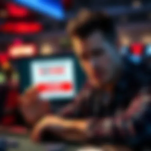 A frustrated gambler waiting for a refund from ACR Poker, showing a closed account notice on a screen with a worried expression.