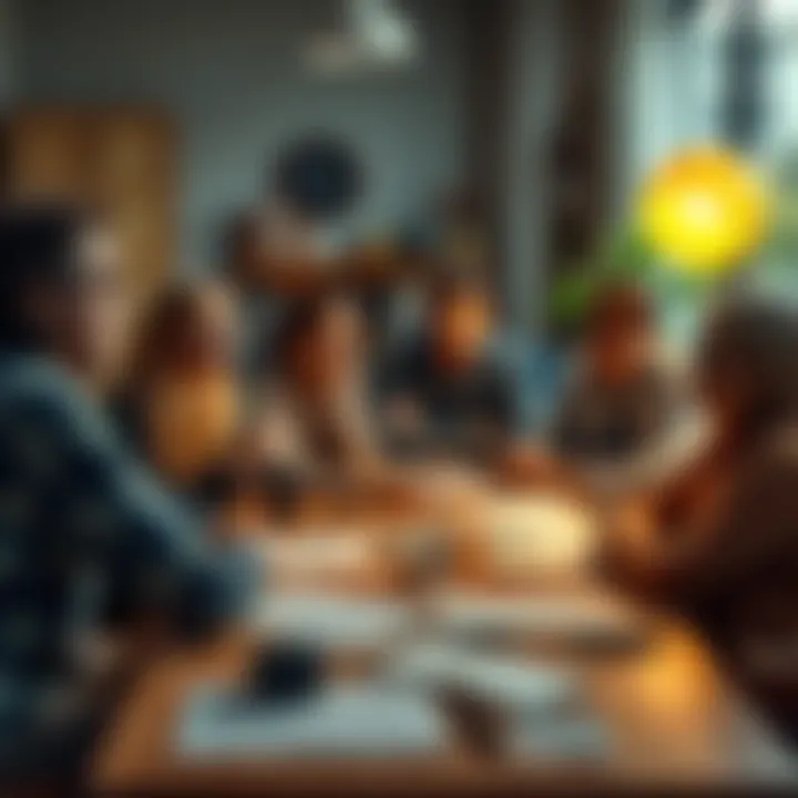 A group of people sharing ideas about adapting in various areas of life, with notes and papers spread out on a table.