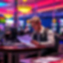 Person sitting at a desk while reviewing documents for address verification in a casino.