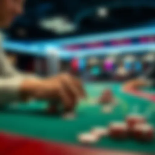 A player at a blackjack table adjusting their bet amount, focusing on strategy and decision-making, with chips in front of them.
