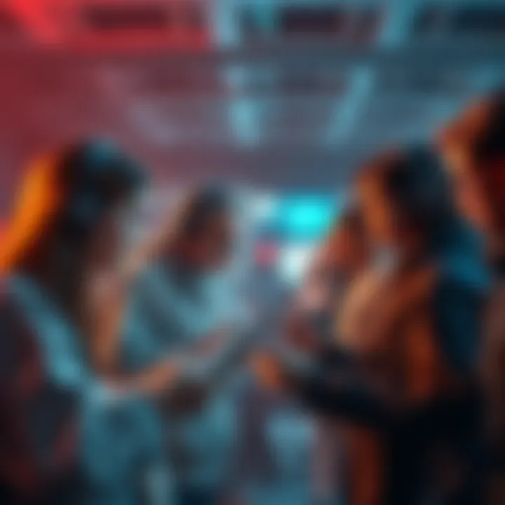 A diverse group of people interacting with futuristic devices, showcasing the blend of human and machine in daily life.