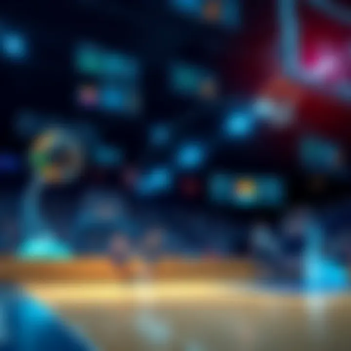 A basketball game scene with analytics graphics overlaid, showing AI impact on betting strategies.