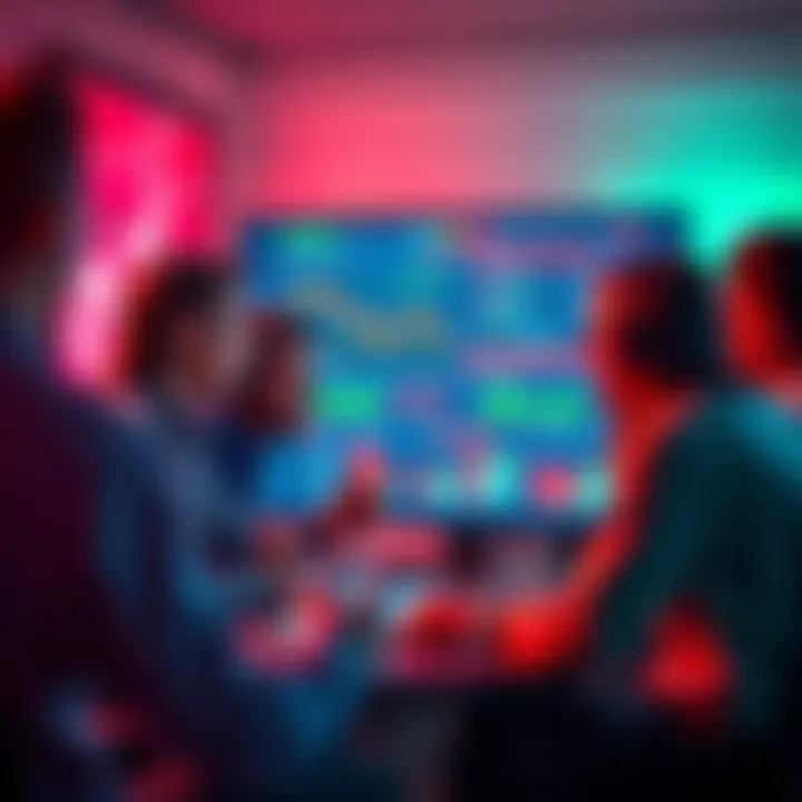 A group of people discussing and testing a sports betting platform powered by AI, with charts and sports graphics visible on a screen.