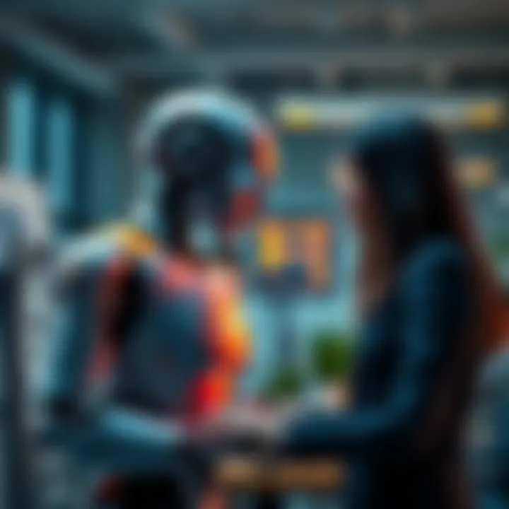 A robot interacting with business professionals in an office setting, showcasing technology's impact on B2B market strategies.