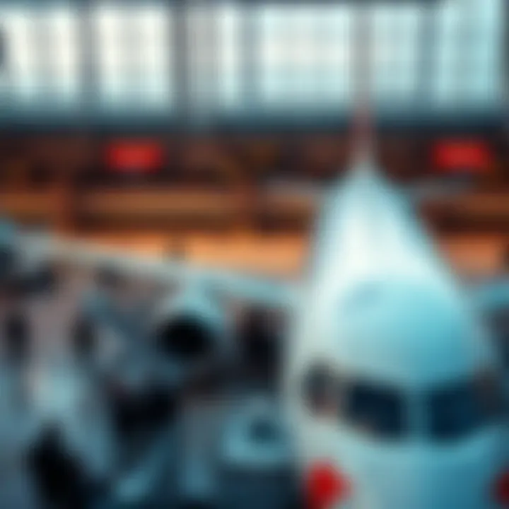 An airplane parked at a busy airport terminal with passengers boarding and staff managing operations