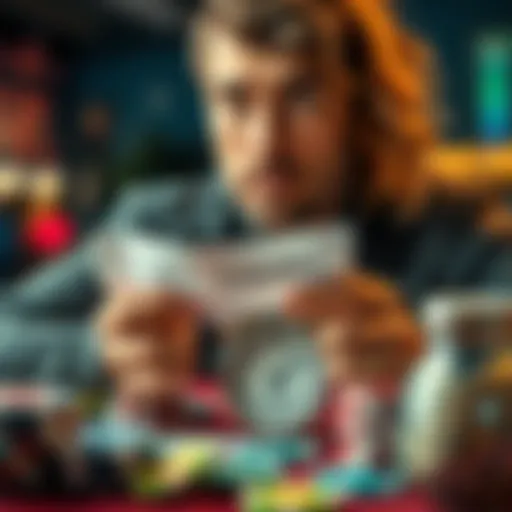 A person holding a betting slip with a worried expression, surrounded by gambling chips and a clock ticking six months.