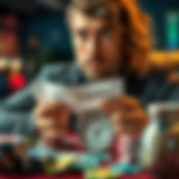 A person holding a betting slip with a worried expression, surrounded by gambling chips and a clock ticking six months.