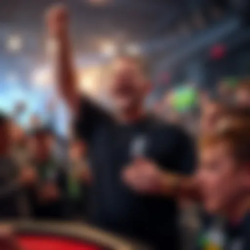 Alan Keating celebrating after winning the 25k Heads-Up Tournament, surrounded by cheering fans and fellow competitors.