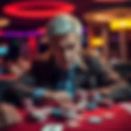 Alan Keating playing poker surrounded by cards and chips, focused and intense expression