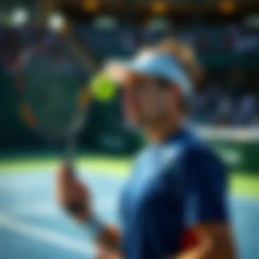 Tennis player Alcaraz concentrating before serving during a match