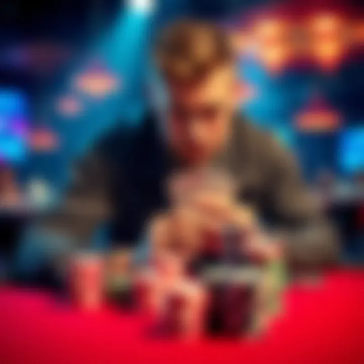 Alex Foxen focused at the poker table during a tense hand, with cards in hand and chips stacked in front of him.