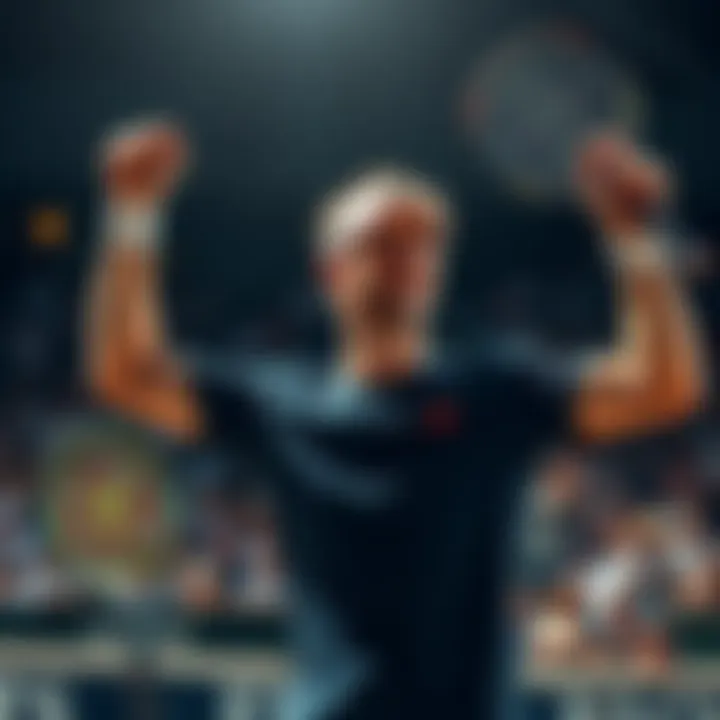 Alex holds a tennis racket in triumph after winning a match, showing excitement for achieving two aces and a cash prize.