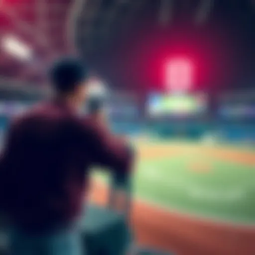 A visual representation of sports betting risks during the All-Star Game, showing a baseball field and uncertain gamblers, highlighting the importance of informed betting choices.