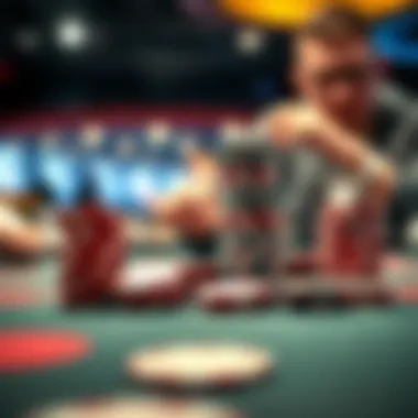 A poker player going all-in at the river with chips stacked high on the table, showcasing a decisive moment in a game.