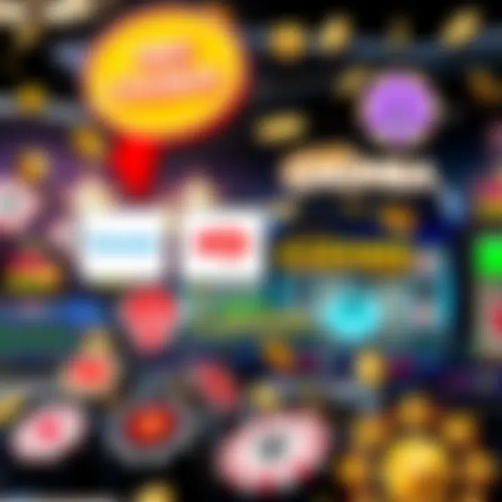 A collection of logos from various online casinos that offer free coins, with a background of slot machines and gaming icons.