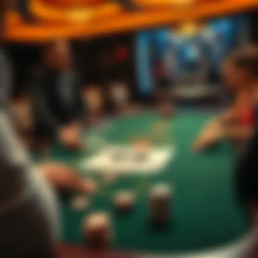 A Blackjack table showing the dealer's card as a 6, with players engaged in the game and chips on the table.