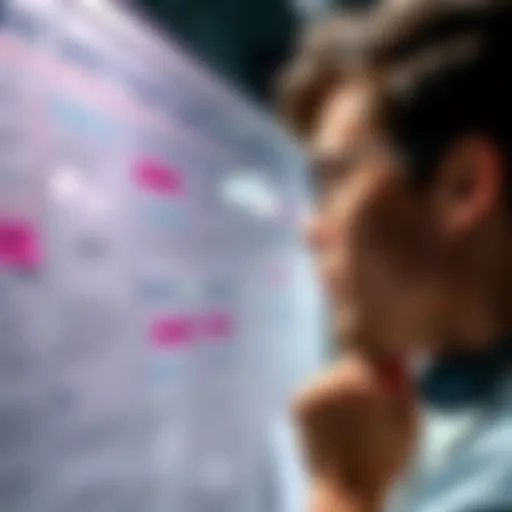 A person looking thoughtfully at a board filled with ideas and notes, questioning their success