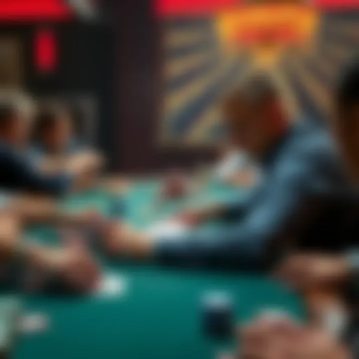 A player sits at a poker table, examining their cards with a thoughtful expression. Chips are stacked in front of them, and other players are engaged at the table. The scene captures the tension and s...