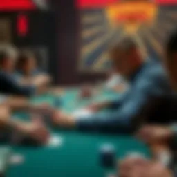 Analyzing a Poker Hand A player sits at a poker table, examining their cards with a thoughtful expression. Chips are stacked in front of them, and other players are engaged at the table. The scene captures the tension and s...