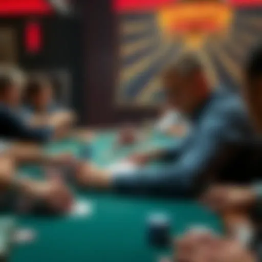 Analyzing a Poker Hand A player sits at a poker table, examining their cards with a thoughtful expression. Chips are stacked in front of them, and other players are engaged at the table. The scene captures the tension and s...