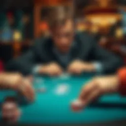 A poker table with chips, cards, and a focused player contemplating their decision, highlighting a tense moment in a high-stakes game.