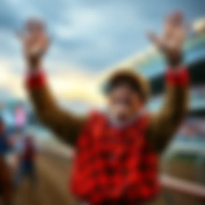 Andy Serling smiles and raises his hands in victory after winning 388 dollars at the Saratoga horse race.
