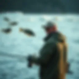 A person fishing at a river, looking puzzled as fish swim nearby but don't bite.