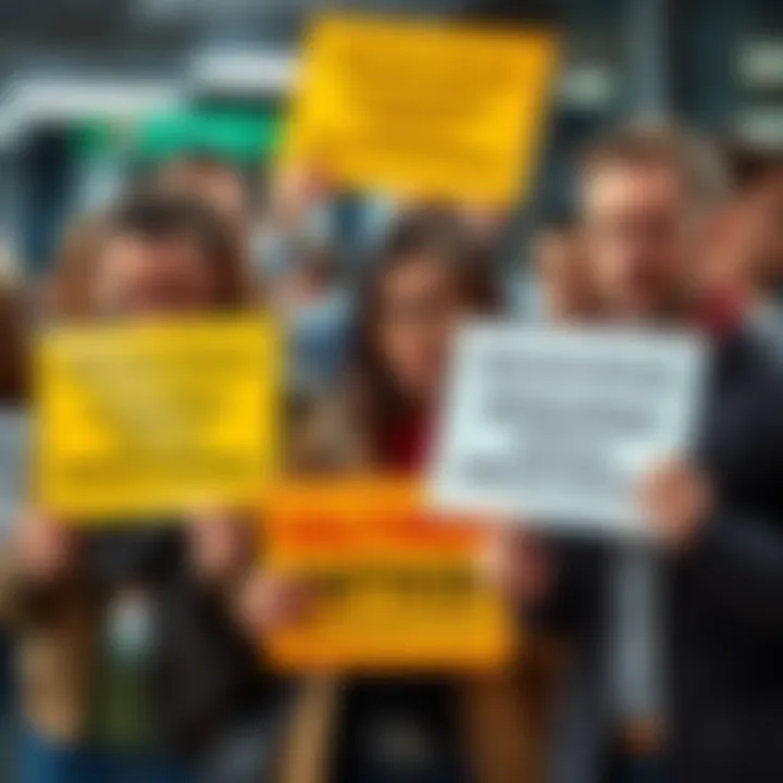 A group of frustrated customers are holding signs warning against a fraudulent service, showcasing their dissatisfaction and urging others to choose different providers.