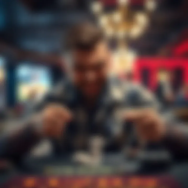 A player shows anger after losing money, with a frustrated expression and clenching fists, seated at a gaming table.